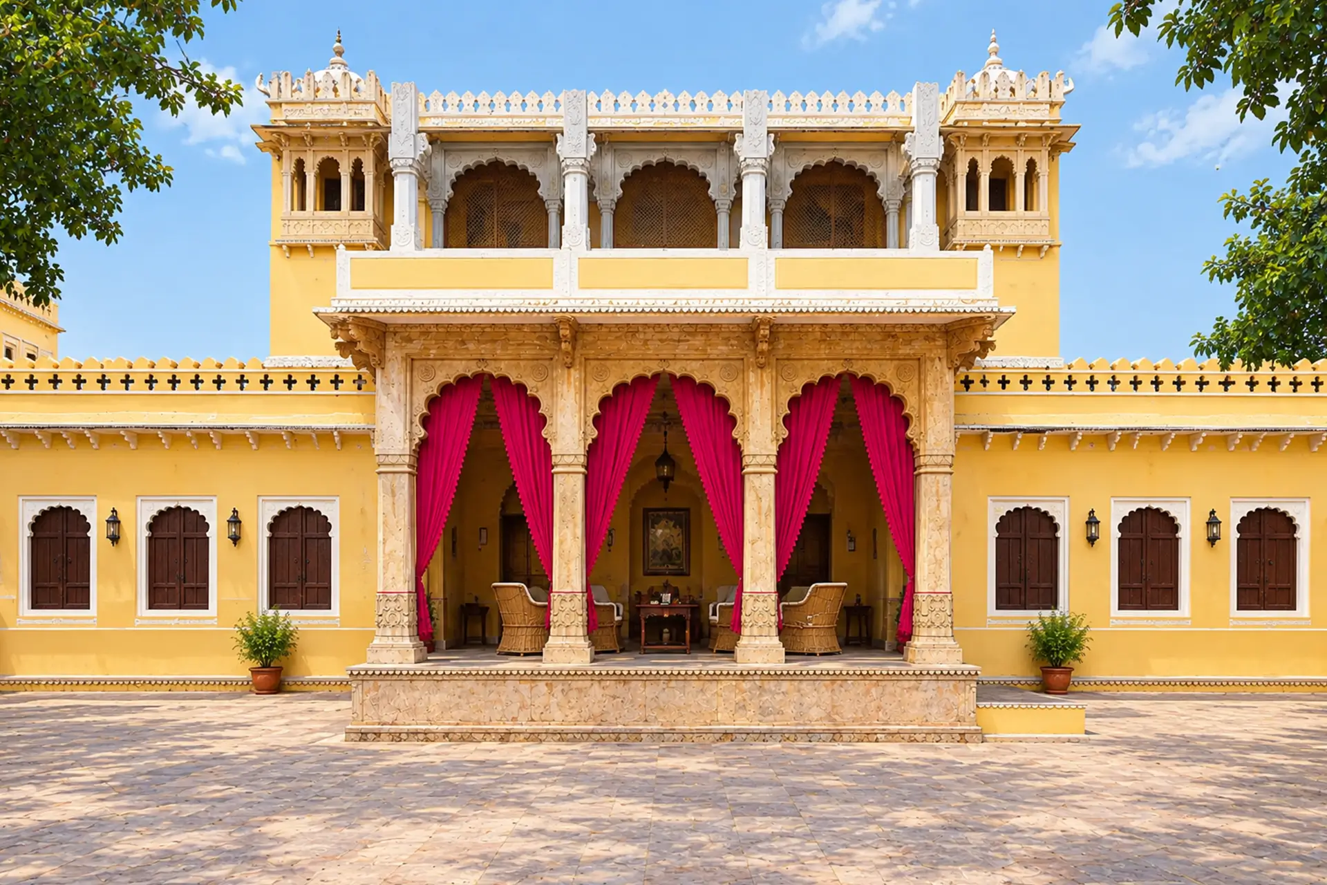 Garden pavilion and lawn dining at Nawal Sagar Palace, overlooking the lake