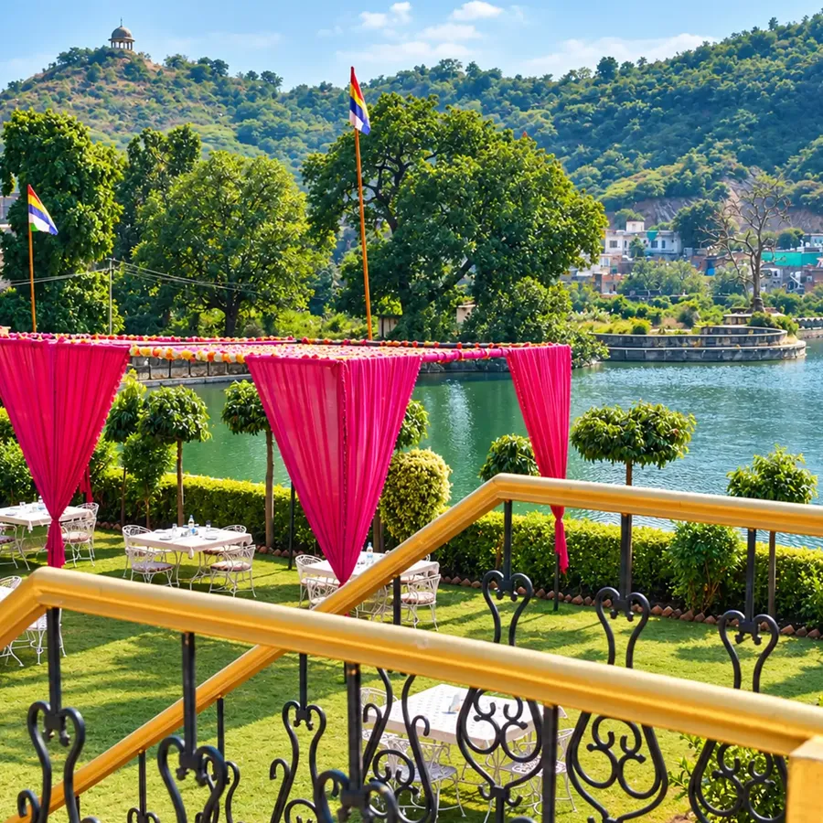 View over Nawal Sagar Lake from the palace terrace with pink canopy